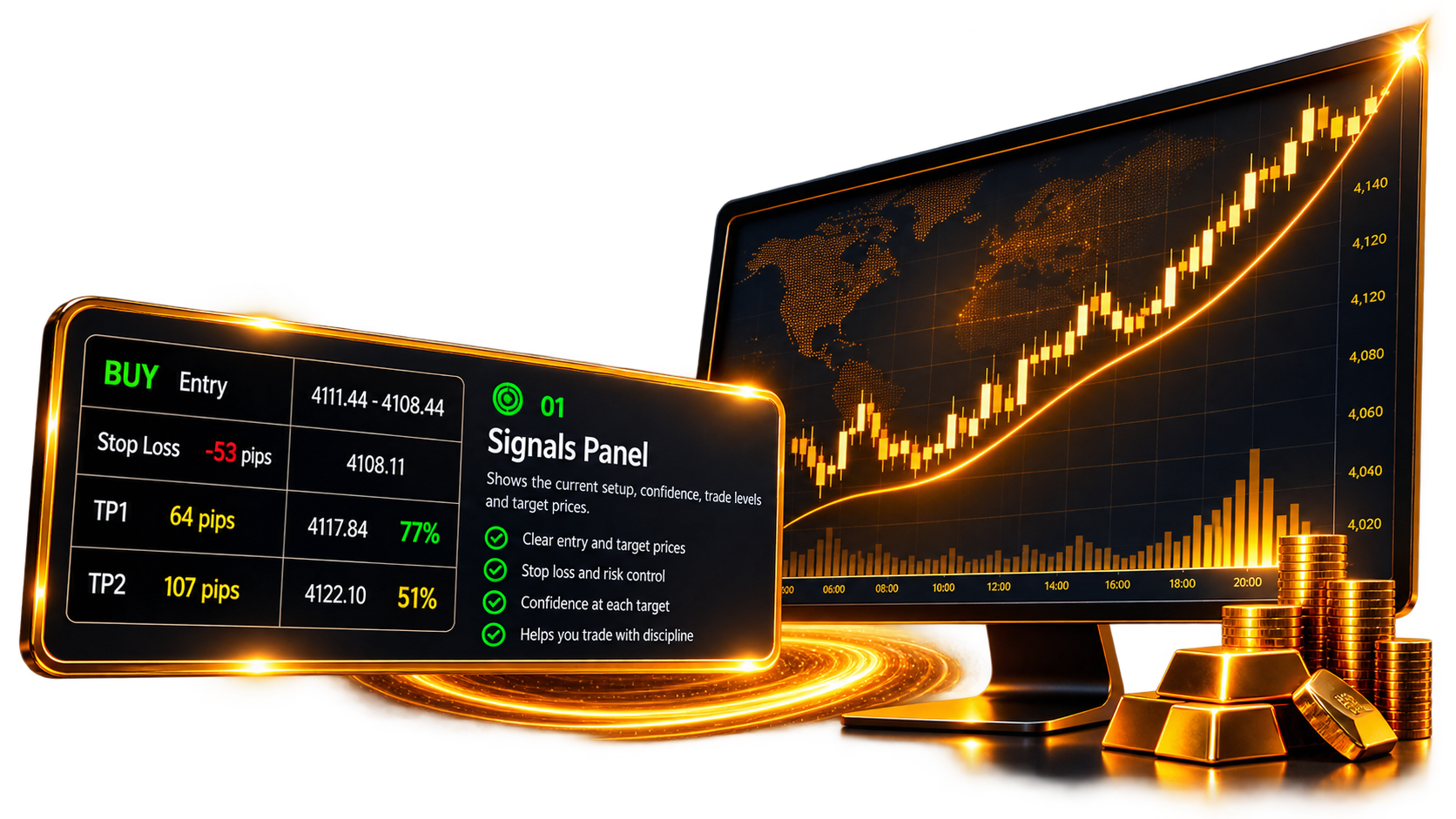 Signals Panel showing stop loss and take profit values in pips